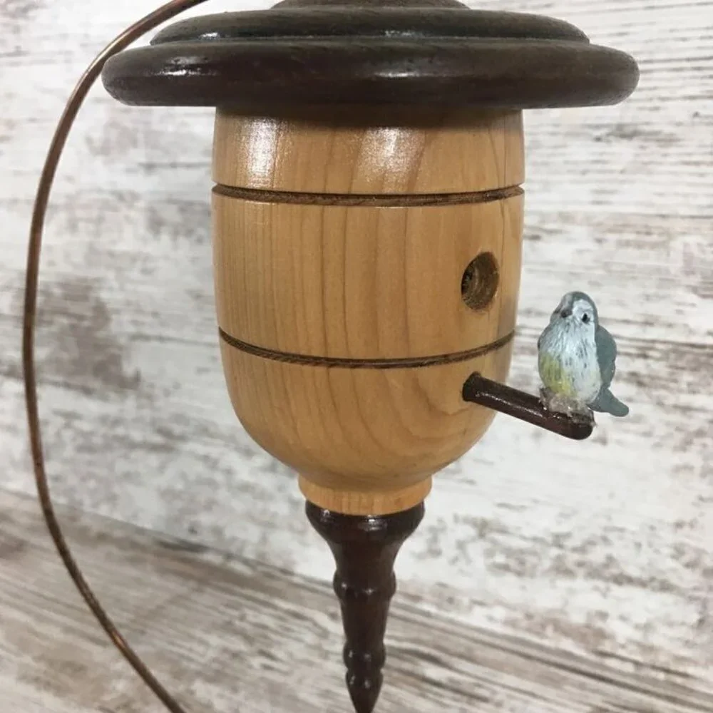 Vintage Hand-Turned Wood Birdhouse Ornament with Stand Folk Art
